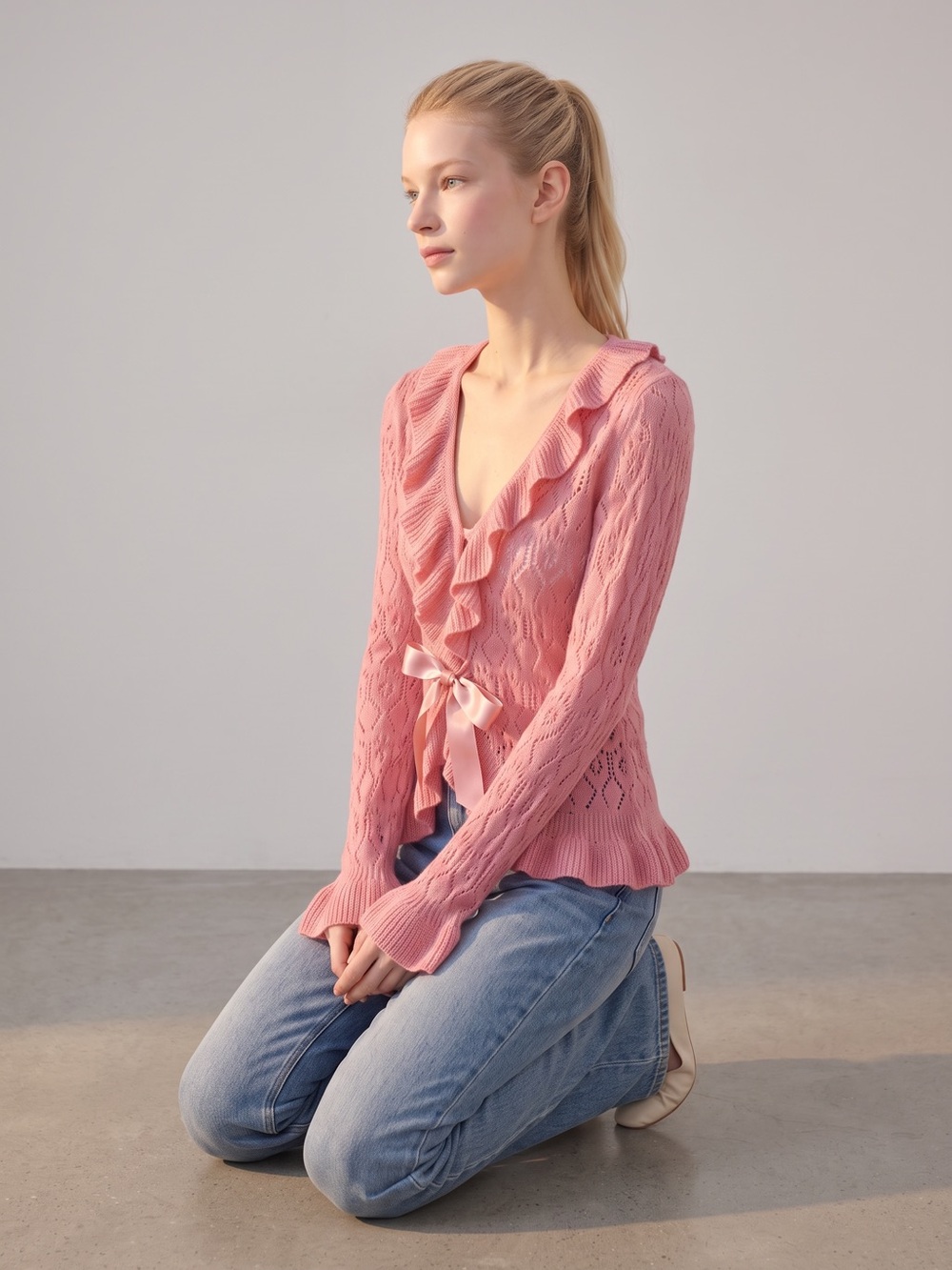 Vintage Y2K Next Era Couture Cottagecore Mohair Blend Pink Ruffle-Trim Cardigan